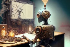Robot sitter vid en dator och får en idé. Ai Genererad bild av Janni. Illustration.