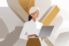 Person står med laptop. AI genrerad illustration.