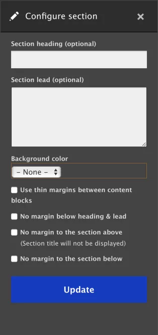 Skärmdump som visar inställningar man kan göra när man skapar en ny sektion i layoutläget. 